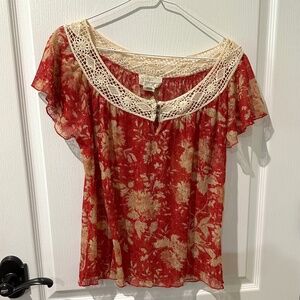 Denim & Supply Ralph Lauren Red and Ivory Floral Print Flutter Sleeve Top